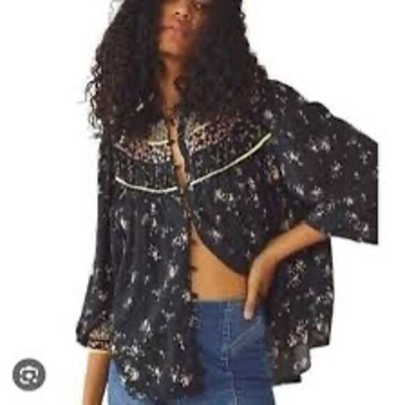 Free People Paloma Printed Blouse Black Floral Size Large - Picture 6 of 10